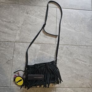 NWT Rebecca Minkoff Lexi Micro Fringe Black Leather Crossbody Bucket Bag